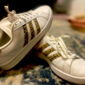 Adidas white shell toe with leopard print stripes